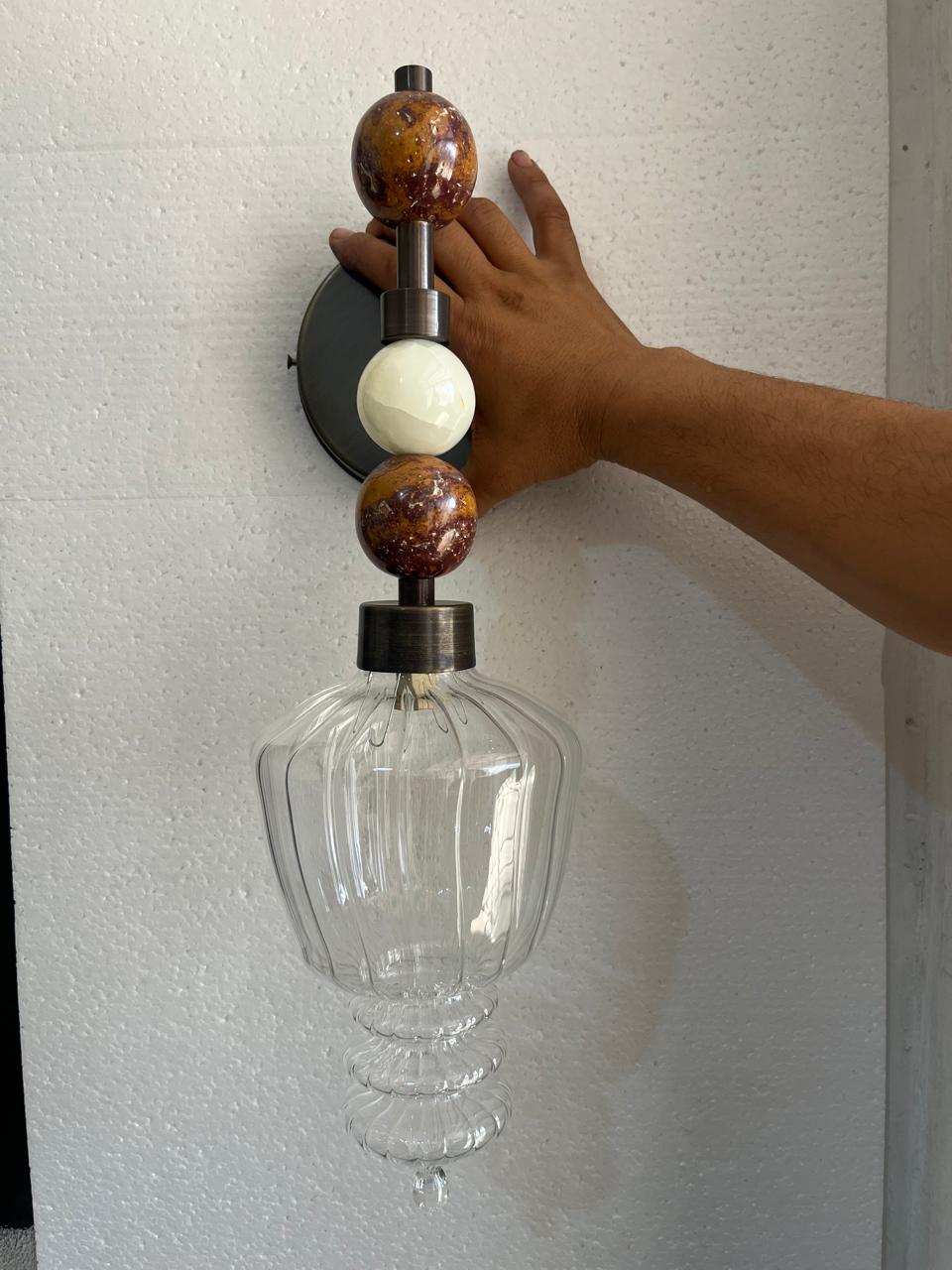 Blown Glass Wall Sconce – Brass & Onyx Bathroom Vanity Light | Les Trois Pyramides