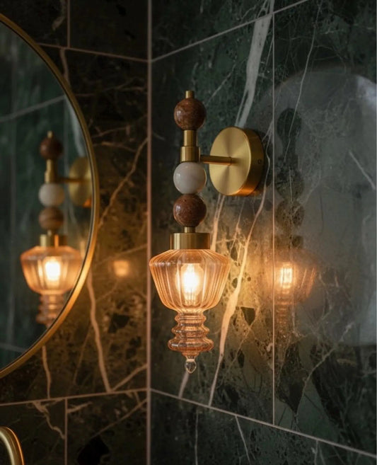 Blown Glass Wall Sconce Brass Wall Light, Natural Onyx Stone Vanity Lamp, Vintage Bedside Wall Lighting, Handmade Bathroom Fixture