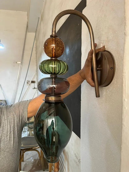 Brass Wall Sconce – Blown Glass Bathroom Vanity Light, Art Deco Bedside Wall Lamp, Indoor Wall Lighting-Hallway or entryway | Les Trois Pyramides