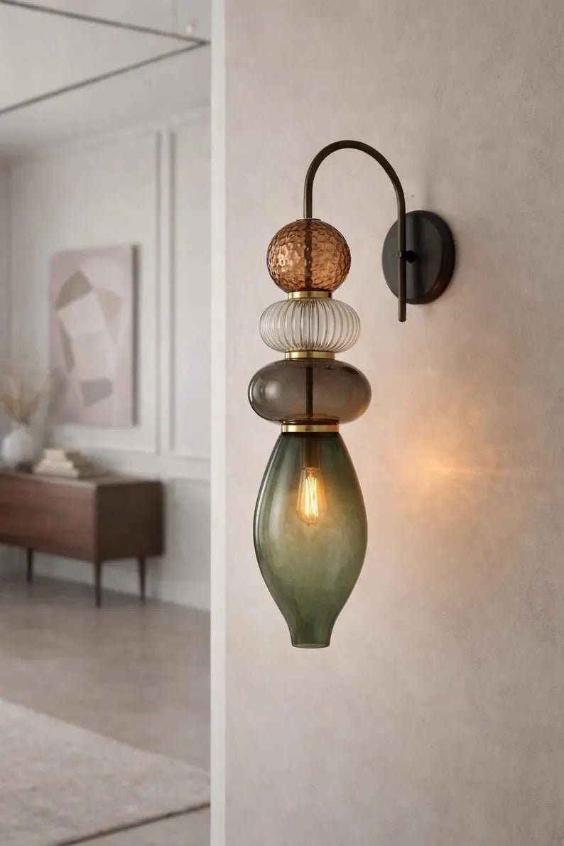 Brass Wall Sconce – Blown Glass Bathroom Vanity Light, Art Deco Bedside Wall Lamp, Indoor Wall Lighting-Hallway or entryway | Les Trois Pyramides