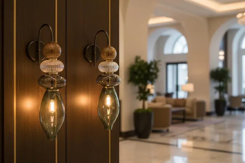 Brass Wall Sconce – Blown Glass Bathroom Vanity Light, Art Deco Bedside Wall Lamp, Indoor Wall Lighting-Hallway or entryway | Les Trois Pyramides