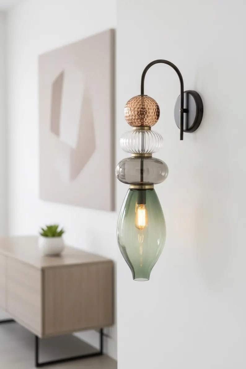 Brass Wall Sconce – Blown Glass Bathroom Vanity Light, Art Deco Bedside Wall Lamp, Indoor Wall Lighting-Hallway or entryway | Les Trois Pyramides