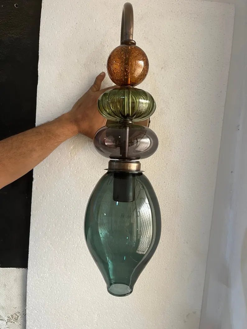 Brass Wall Sconce – Blown Glass Bathroom Vanity Light, Art Deco Bedside Wall Lamp, Indoor Wall Lighting-Hallway or entryway | Les Trois Pyramides