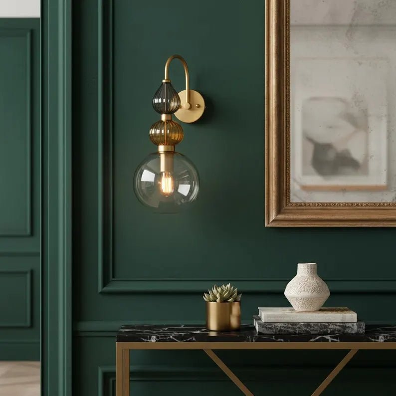 Brass Wall Sconce – Blown Glass Bathroom Vanity Light, Art Deco Bedside Wall Lamp, Indoor Wall Lighting | Les Trois Pyramides