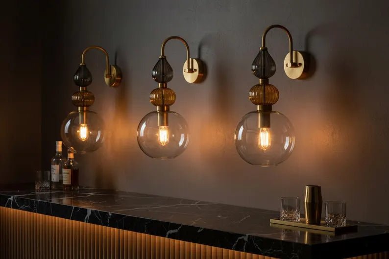 Brass Wall Sconce – Blown Glass Bathroom Vanity Light, Art Deco Bedside Wall Lamp, Indoor Wall Lighting | Les Trois Pyramides