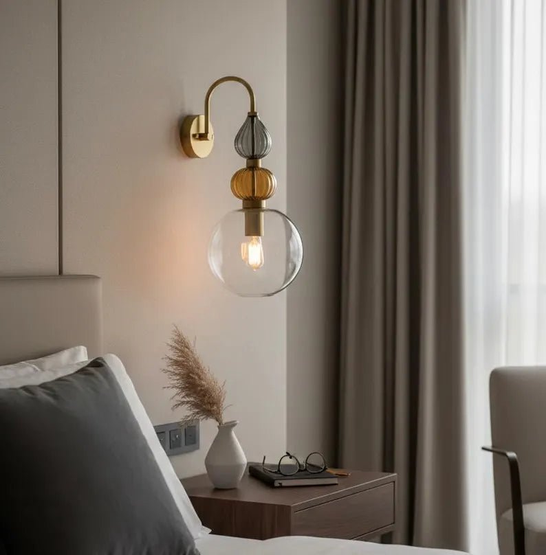 Brass Wall Sconce – Blown Glass Bathroom Vanity Light, Art Deco Bedside Wall Lamp, Indoor Wall Lighting | Les Trois Pyramides