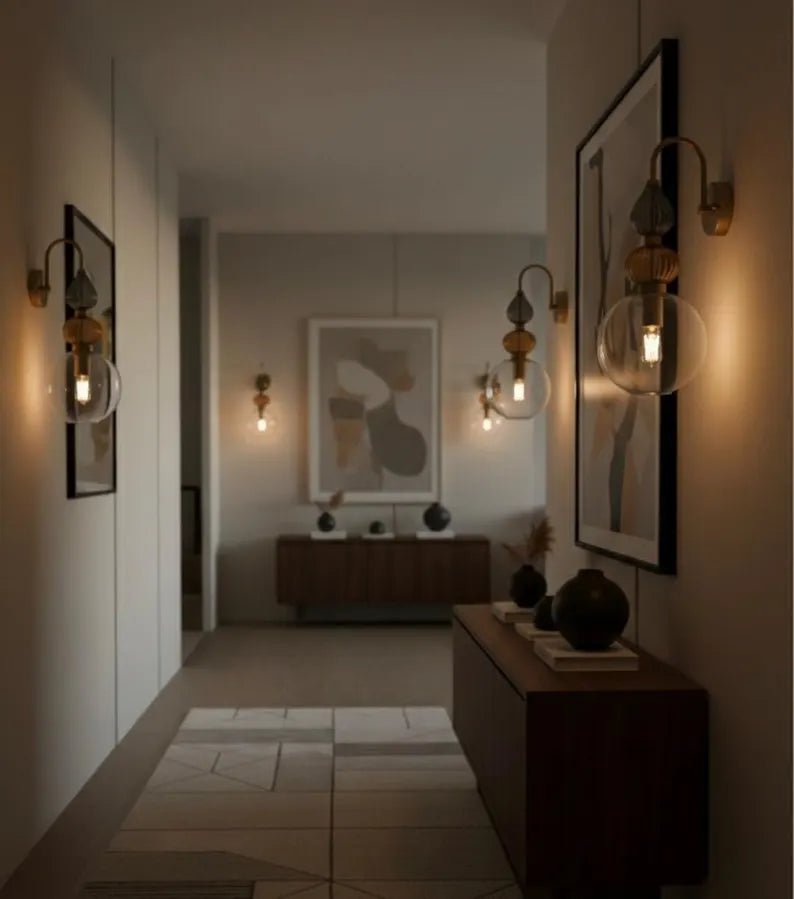 Brass Wall Sconce – Blown Glass Bathroom Vanity Light, Art Deco Bedside Wall Lamp, Indoor Wall Lighting | Les Trois Pyramides