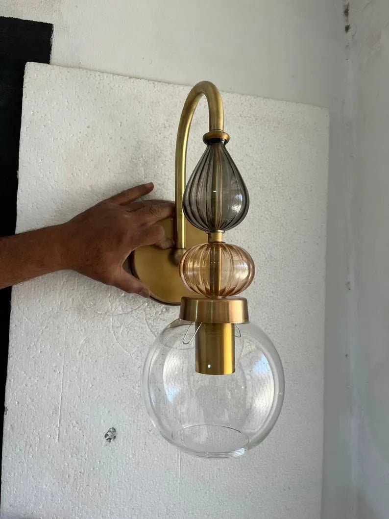 Brass Wall Sconce – Blown Glass Bathroom Vanity Light, Art Deco Bedside Wall Lamp, Indoor Wall Lighting | Les Trois Pyramides