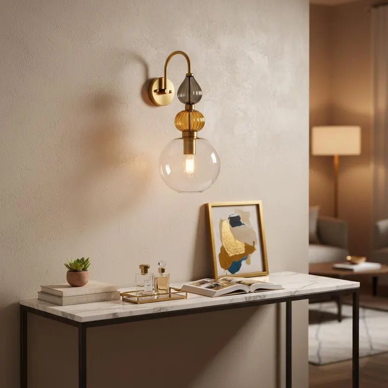 Brass Wall Sconce – Blown Glass Bathroom Vanity Light, Art Deco Bedside Wall Lamp, Indoor Wall Lighting | Les Trois Pyramides