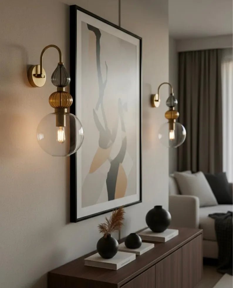 Brass Wall Sconce – Blown Glass Bathroom Vanity Light, Art Deco Bedside Wall Lamp, Indoor Wall Lighting | Les Trois Pyramides