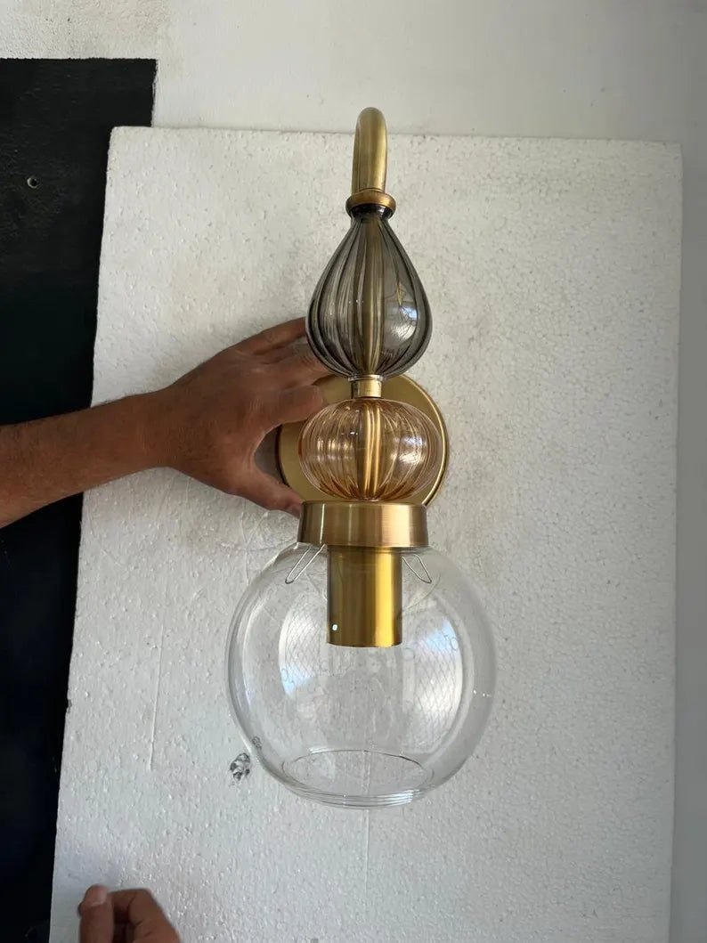 Brass Wall Sconce – Blown Glass Bathroom Vanity Light, Art Deco Bedside Wall Lamp, Indoor Wall Lighting | Les Trois Pyramides