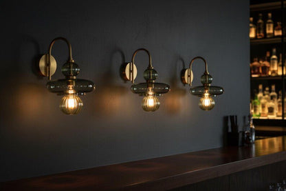 Modern Wall Sconce Glass Light, Handmade Blown Glass Lamp, Brass Wall Lighting, Bedside Light, Bathroom Vanity Sconce | Les Trois Pyramides
