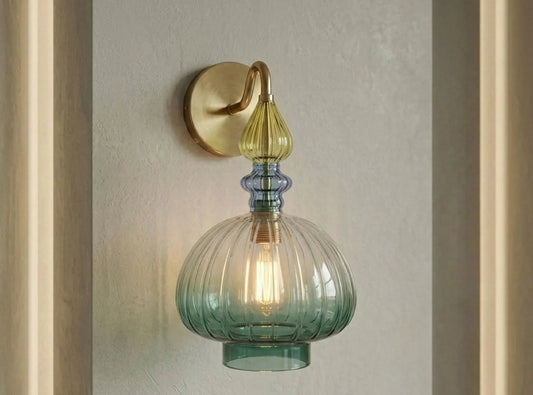 Blown Glass Wall Sconce with Brass – Modern Green Ribbed Wall Light | Les Trois Pyramides