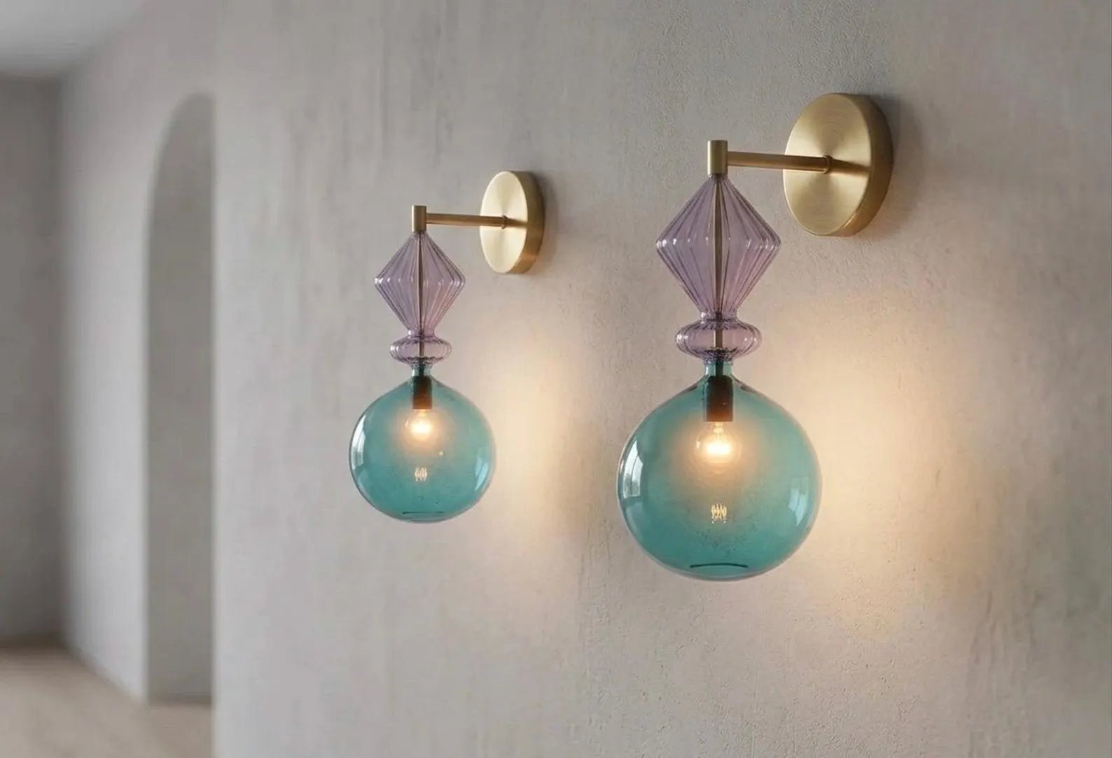 Hand Blown Blue Glass Wall Sconce with Brass – Modern hallway & Accent Wall Lamp  |  Les Trois Pyramides