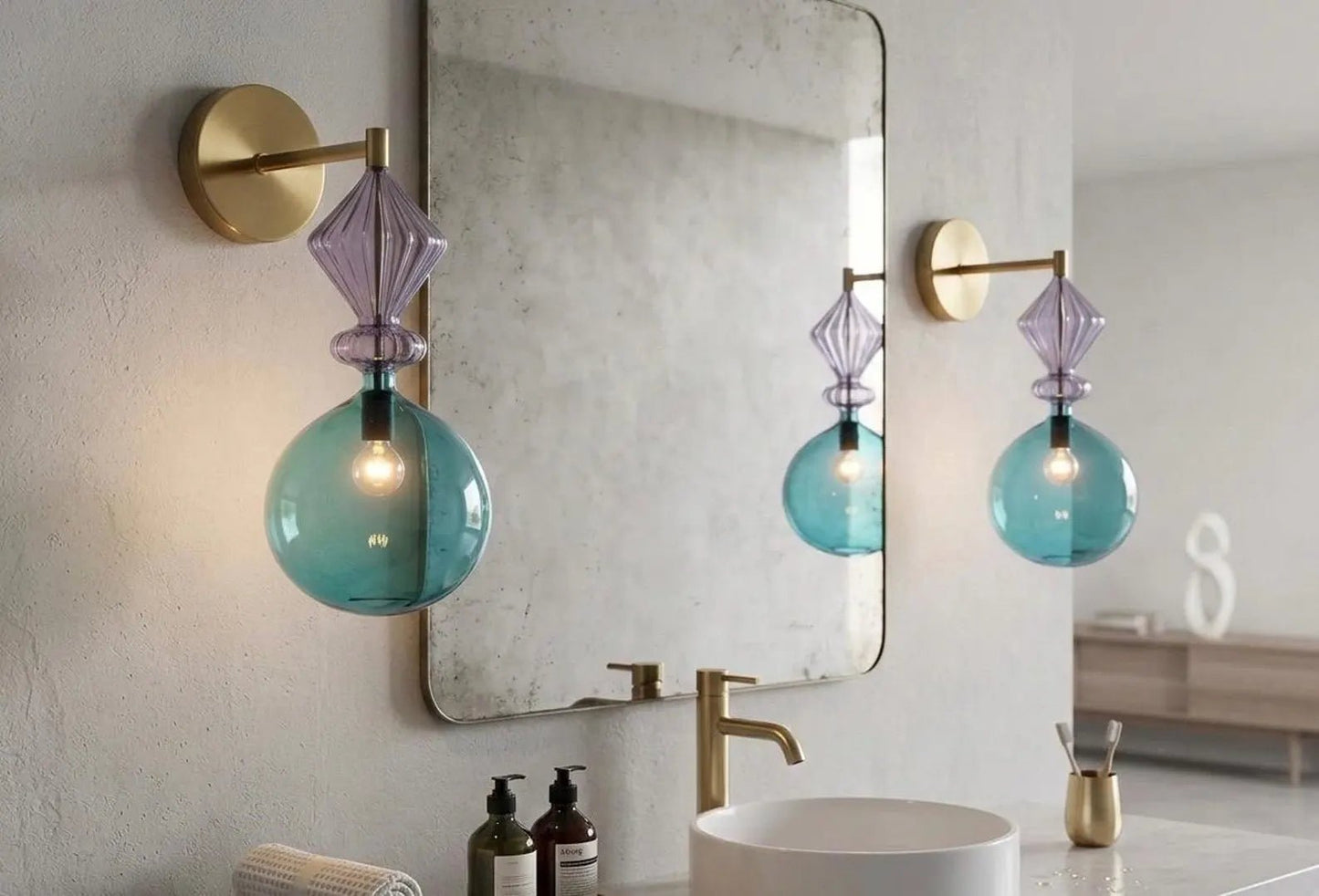 Hand Blown Blue Glass Wall Sconce with Brass – Modern bathroom & Accent Wall Lamp  |  Les Trois Pyramides
