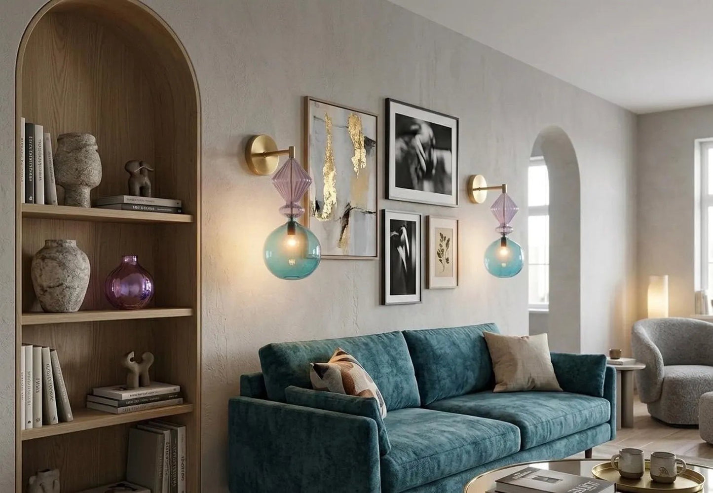 Hand Blown Blue Glass Wall Sconce with Brass – Modern living room & Accent Wall Lamp  |  Les Trois Pyramides