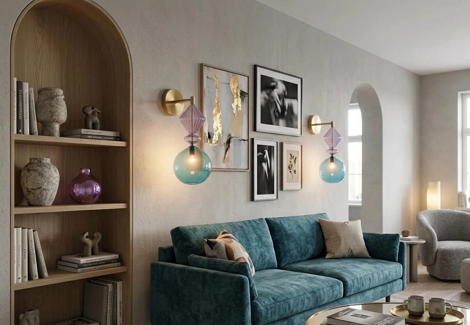 Hand Blown Blue Glass Wall Sconce with Brass – Modern living room & Accent Wall Lamp  |  Les Trois Pyramides