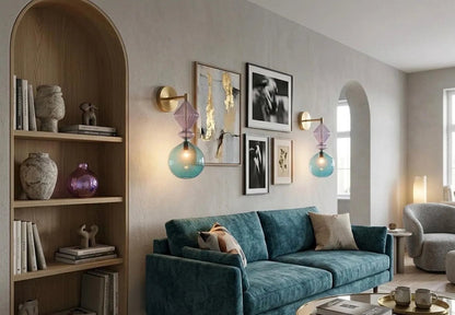 Hand Blown Blue Glass Wall Sconce with Brass – Modern living room & Accent Wall Lamp  |  Les Trois Pyramides