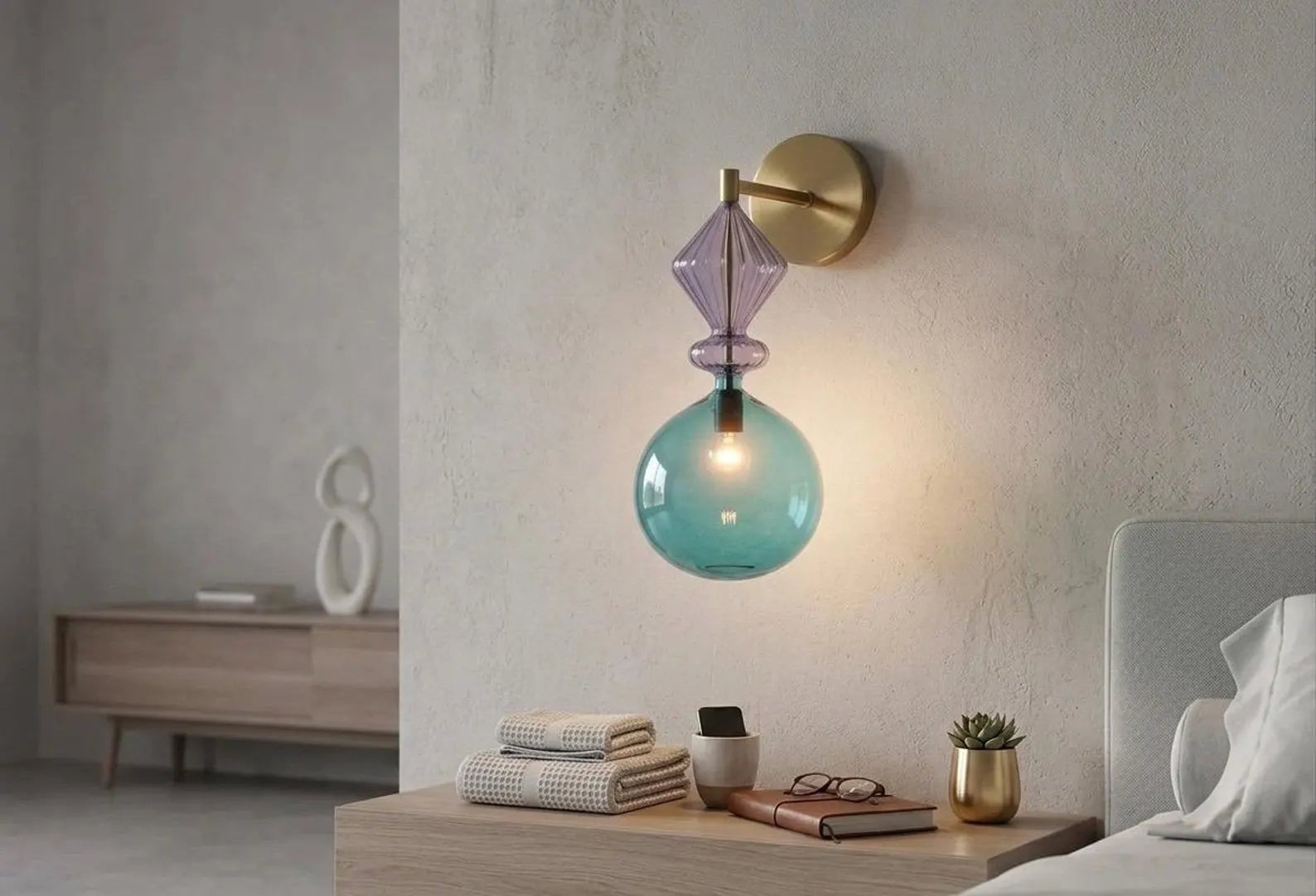 Hand Blown Blue Glass Wall Sconce with Brass – Modern bedside & Accent Wall Lamp  |  Les Trois Pyramides