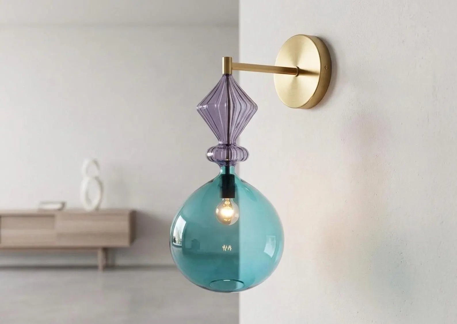 Hand Blown Blue Glass Wall Sconce with Brass – Modern hallway & Accent Wall Lamp  |  Les Trois Pyramides
