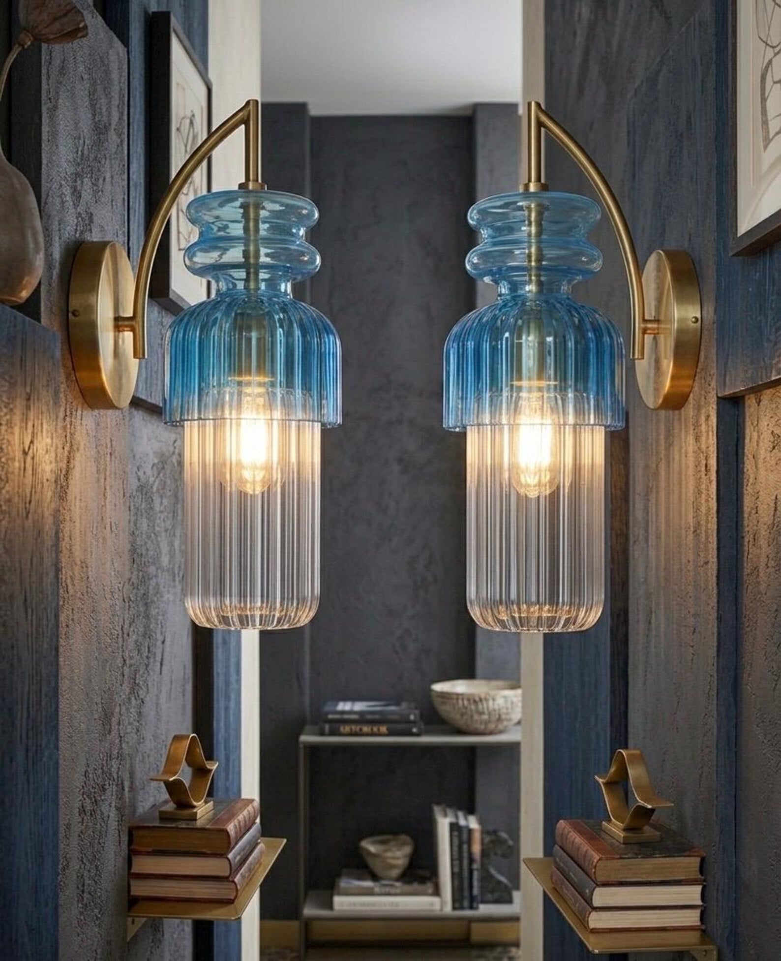 Blue Blown Glass Wall Sconce with Brass | Les Trois Pyramides.
