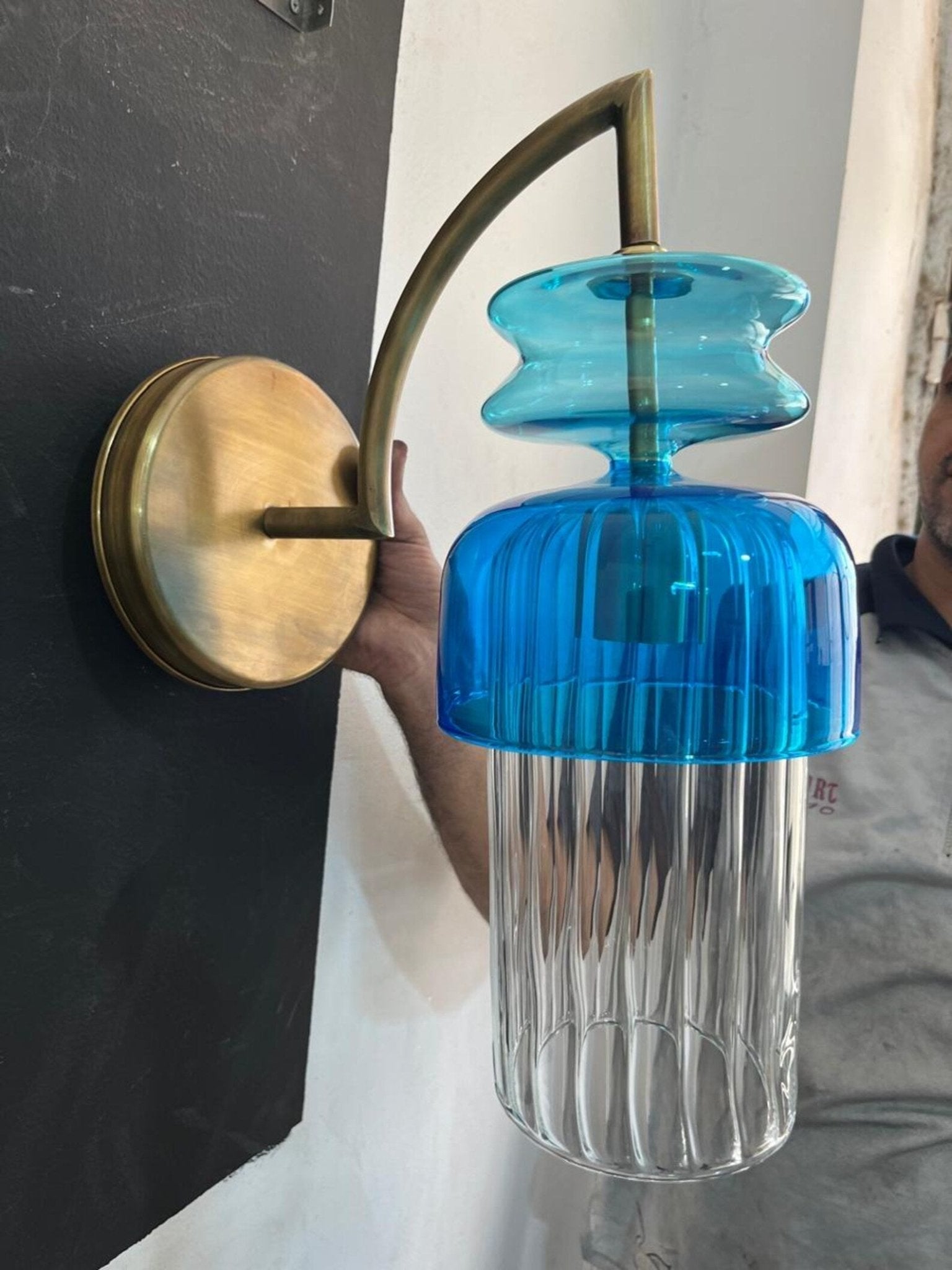 Blue Blown Glass Wall Sconce with Brass  | Les Trois Pyramides.