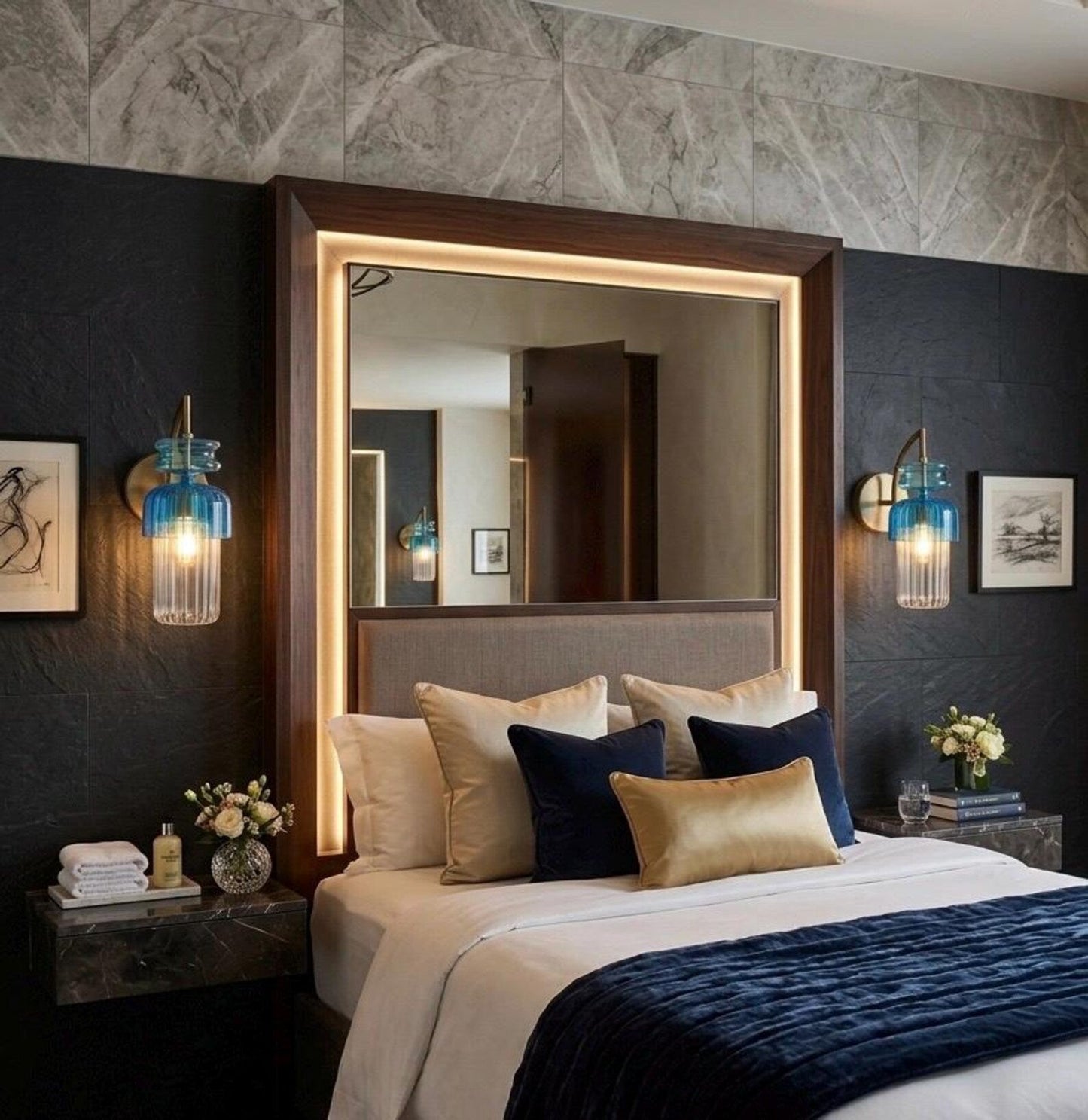 Blue Blown Glass Wall Sconce with Brass – Modern Ribbed Bedside Wall Light | Les Trois Pyramides.