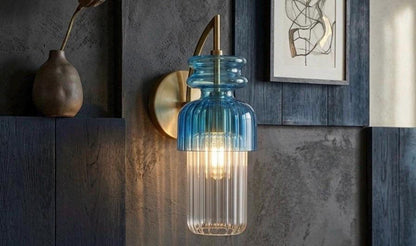 Blue Blown Glass Wall Sconce with Brass – Modern Ribbed hallway Wall Light | Les Trois Pyramides.