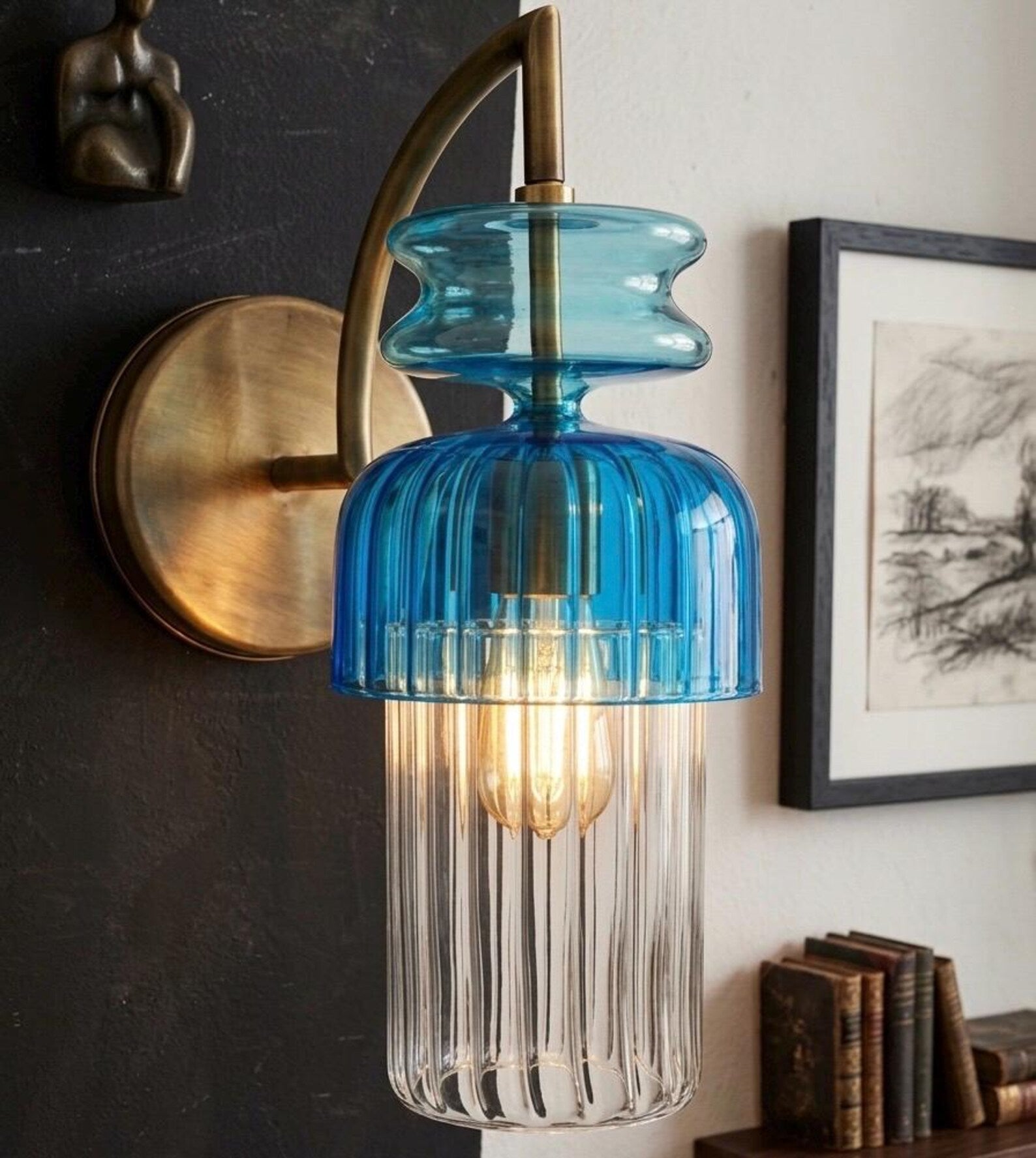 Blue Blown Glass Wall Sconce with Brass  | Les Trois Pyramides.