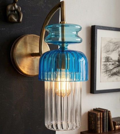 Blue Blown Glass Wall Sconce with Brass  | Les Trois Pyramides.