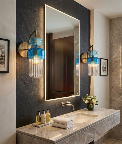 Blue Blown Glass Wall Sconce with Brass for bathroom | Les Trois Pyramides.