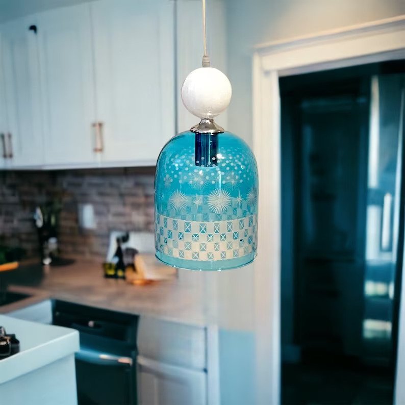 Blue chapeau Blown Glass Pendant Light  in kitchen- Les Trois Pyramides