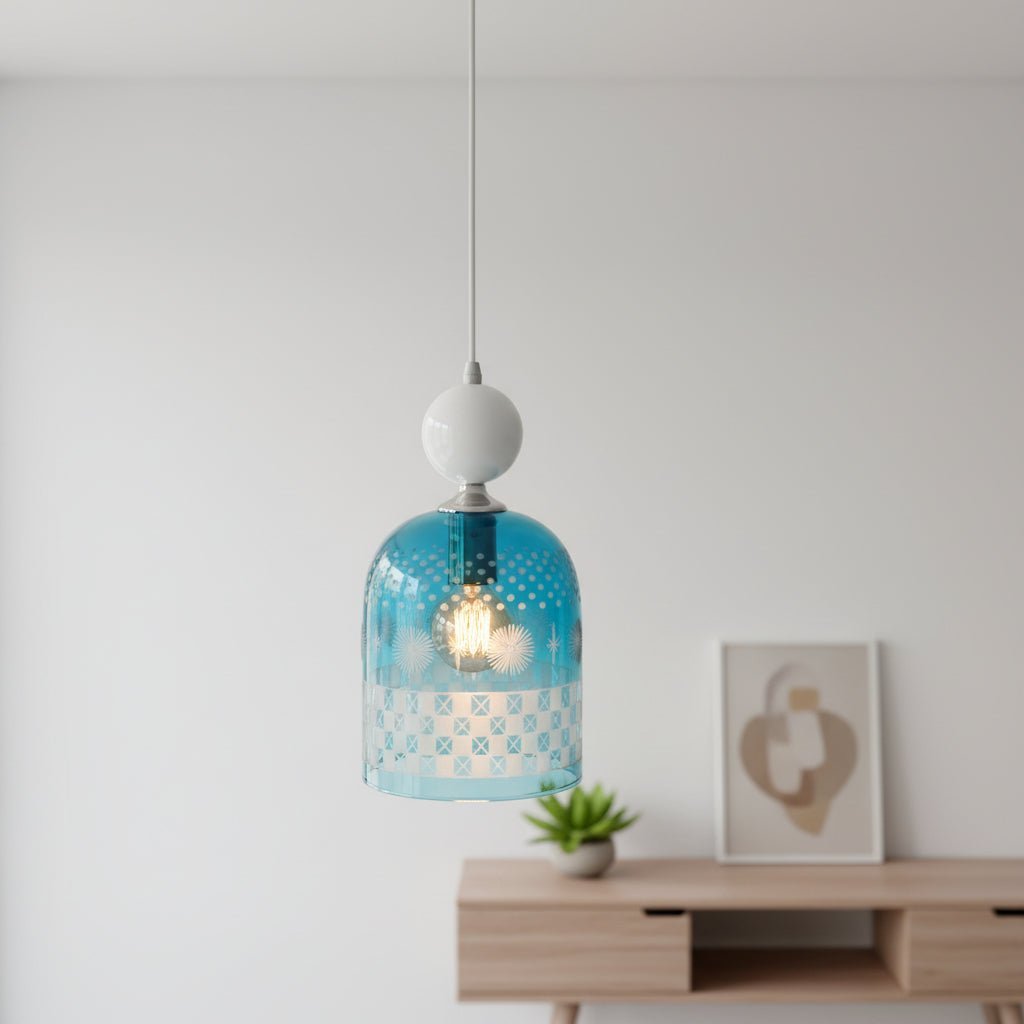 Blue chapeau blown glass pendant light