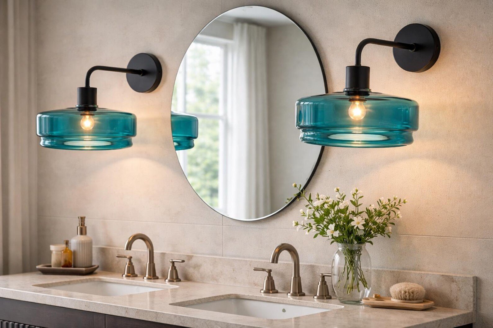 Bathroom vanity with round mirror, blue wall lights, and decorative elements.