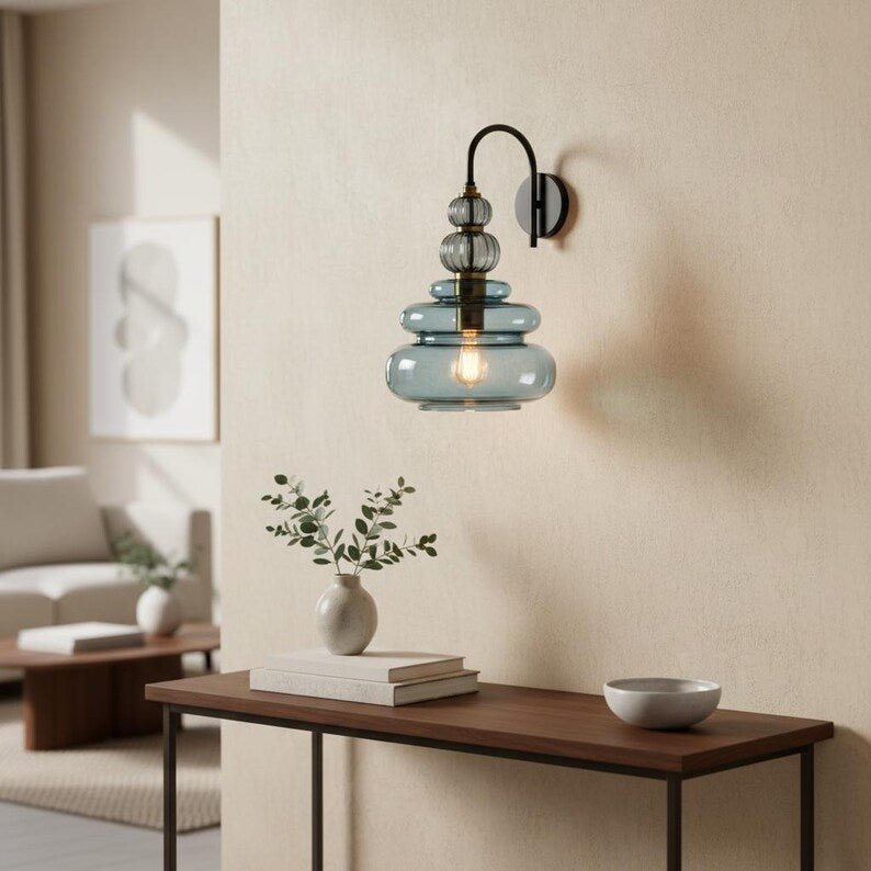 Blue Glass Wall Sconce, Modern Brass Wall Light, Mid Century Stacked Glass Lamp, Bedroom Bathroom Vanity Lighting Fixture | Les Trois Pyramides