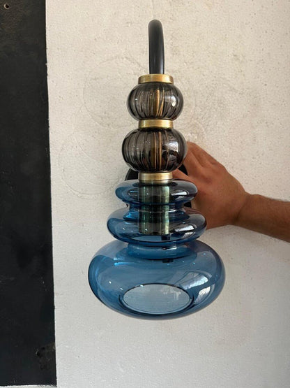 Blue Glass Wall Sconce, Modern Brass Wall Light, Mid Century Stacked Glass Lamp, Bedroom Bathroom Vanity Lighting Fixture | Les Trois Pyramides