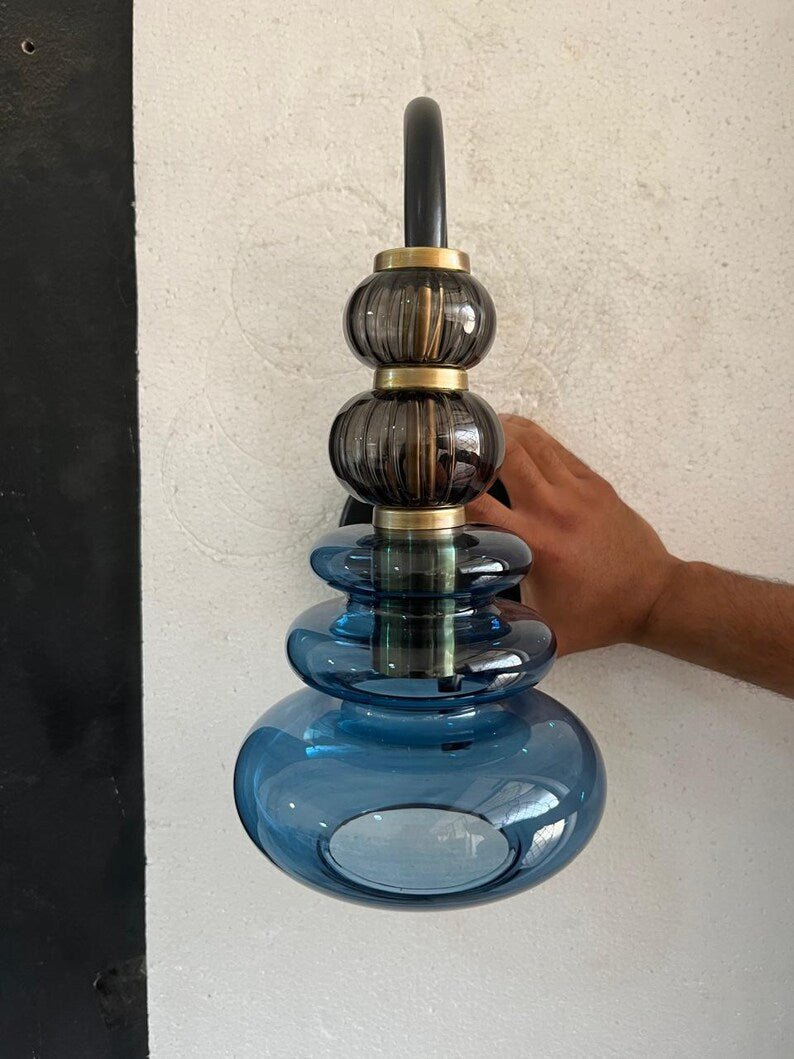 Blue Glass Wall Sconce, Modern Brass Wall Light, Mid Century Stacked Glass Lamp, Bedroom Bathroom Vanity Lighting Fixture | Les Trois Pyramides