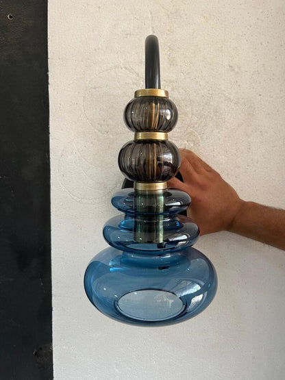Blue Glass Wall Sconce, Modern Brass Wall Light, Mid Century Stacked Glass Lamp, Bedroom Bathroom Vanity Lighting Fixture | Les Trois Pyramides