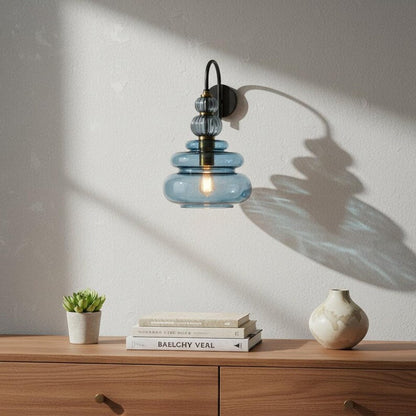 Blue Glass Wall Sconce, Modern Brass Wall Light, Mid Century Stacked Glass Lamp, Bedroom Bathroom Vanity Lighting Fixture | Les Trois Pyramides