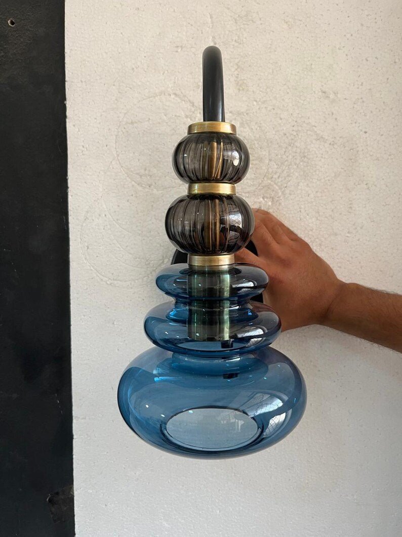 Blue Glass Wall Sconce, Modern Brass Wall Light, Mid Century Stacked Glass Lamp, Bedroom Bathroom Vanity Lighting Fixture | Les Trois Pyramides