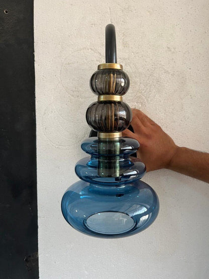 Blue Glass Wall Sconce, Modern Brass Wall Light, Mid Century Stacked Glass Lamp, Bedroom Bathroom Vanity Lighting Fixture | Les Trois Pyramides