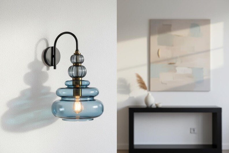 Blue Glass Wall Sconce, Modern Brass Wall Light, Mid Century Stacked Glass Lamp, Bedroom Bathroom Vanity Lighting Fixture | Les Trois Pyramides