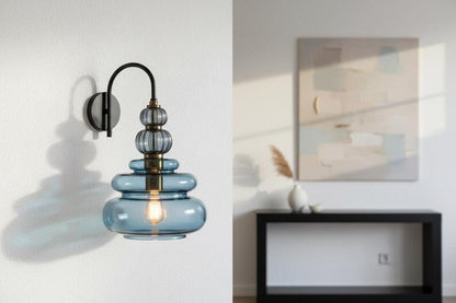 Blue Glass Wall Sconce, Modern Brass Wall Light, Mid Century Stacked Glass Lamp, Bedroom Bathroom Vanity Lighting Fixture | Les Trois Pyramides