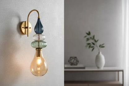 Hand Blown Glass Wall Sconce – Brass Wall Lamp with Blue Green Glass – Modern Bathroom Vanity Light – Decorative Bedside Wall Light | Les Trois Pyramides