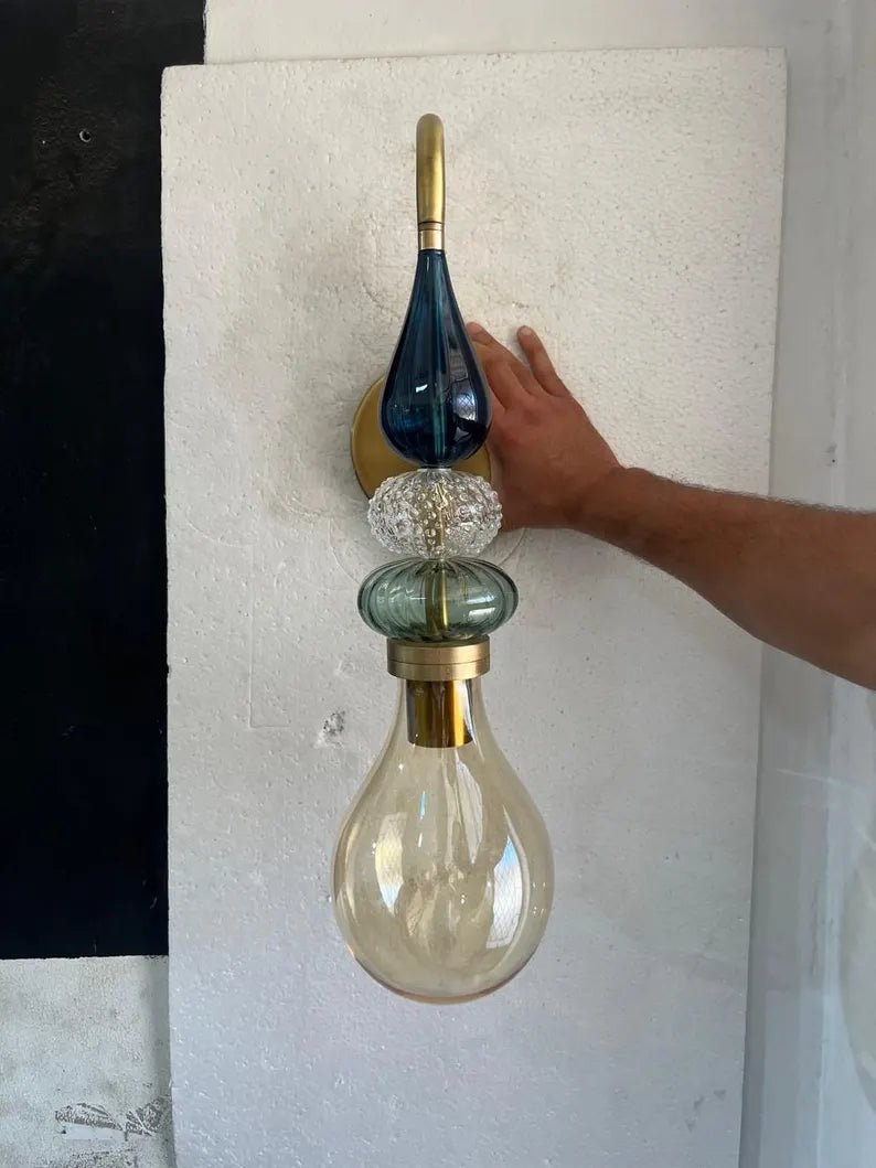 Hand Blown Glass Wall Sconce – Brass Wall Lamp with Blue Green Glass – Modern Bathroom Vanity Light – Decorative Bedside Wall Light | Les Trois Pyramides
