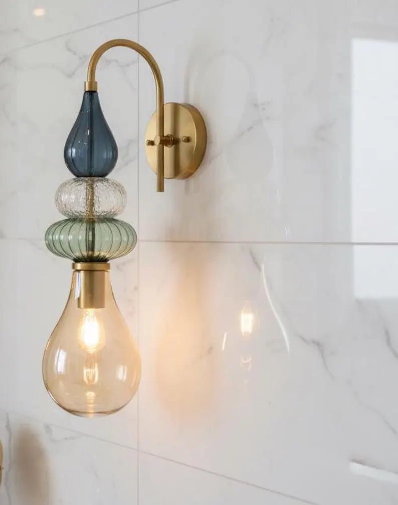 Hand Blown Glass Wall Sconce – Brass Wall Lamp with Blue Green Glass – Modern Bathroom Vanity Light – Decorative Bedside Wall Light | Les Trois Pyramides