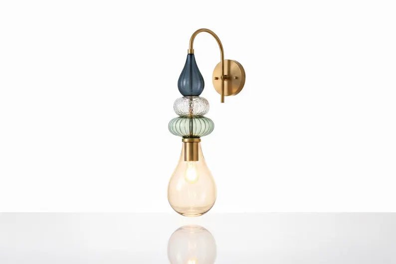 Hand Blown Glass Wall Sconce – Brass Wall Lamp with Blue Green Glass – Modern Bathroom Vanity Light – Decorative Bedside Wall Light | Les Trois Pyramides