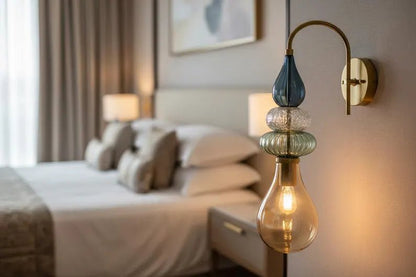 Hand Blown Glass Wall Sconce – Brass Wall Lamp with Blue Green Glass – Modern Bathroom Vanity Light – Decorative Bedside Wall Light | Les Trois Pyramides