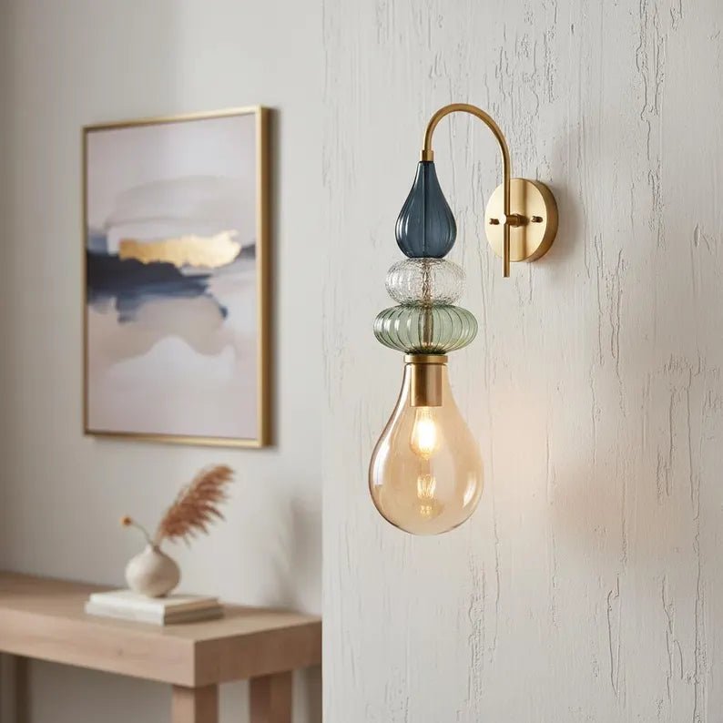Hand Blown Glass Wall Sconce – Brass Wall Lamp with Blue Green Glass – Modern Bathroom Vanity Light – Decorative Bedside Wall Light | Les Trois Pyramides