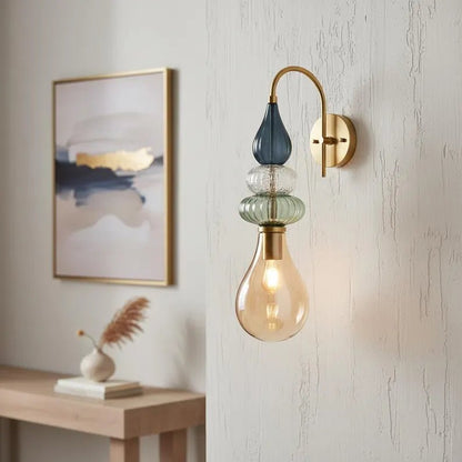 Hand Blown Glass Wall Sconce – Brass Wall Lamp with Blue Green Glass – Modern Bathroom Vanity Light – Decorative Bedside Wall Light | Les Trois Pyramides